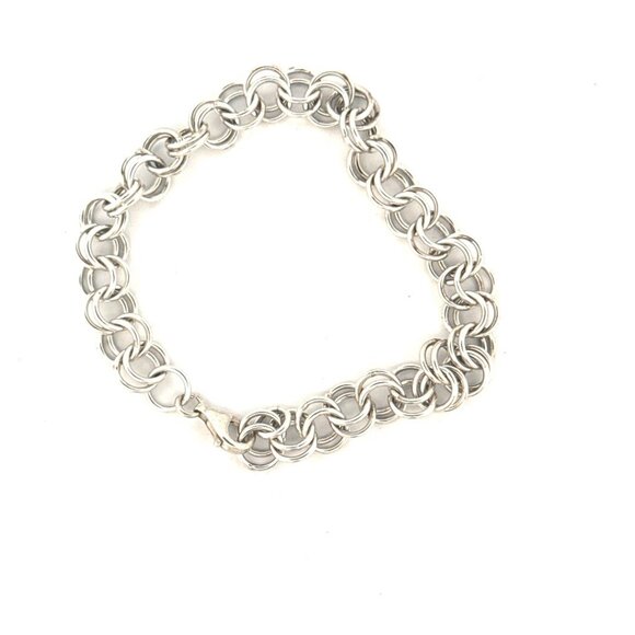 Estate Sterling Silver 925 Double Link Charm Bracelet 7" Round Circle Chain - Picture 1 of 8